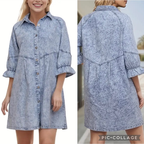 New NWT Cotton Denim Shirt Button Down Dress Light Blue Mini Long Puff Sleeve - Picture 1 of 15